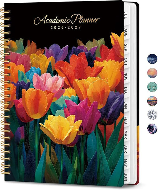 Planner 2026-2027, Monthly and Weekly Calendar Academic Planner July 2026 - June 2027, Hardcover Student Teacher Planning Agenda Book with Tabs, Perfect for Office School Supplies, A5 (6.3" x 8.5") - Tulip Blaze