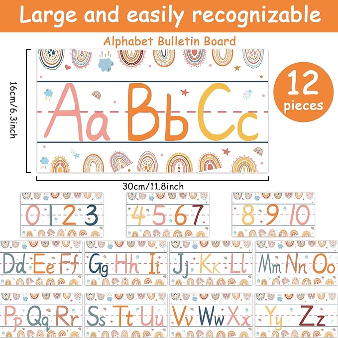gisgfim 12 Pieces Alphabet Bulletin Board Strips Set Boho Rainbow Alphabet Line ABC Alphabet Banner & Number Border Posters for Preschool Kindergarten Classroom Playroom Bedroom (Boho)