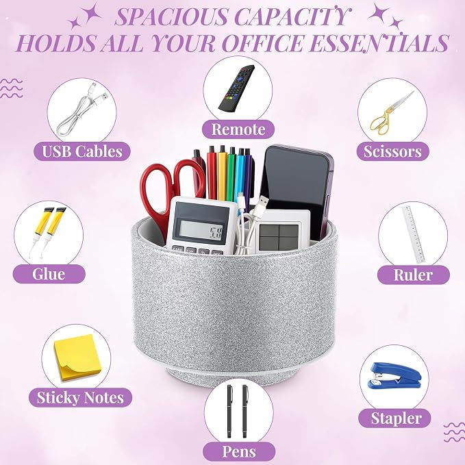 Epakh PU Leather Glitter Pen Holder 360 Degree Spinning Silver Bling Pencil Cup Gift for Teacher Women Girls Makeup Brush Organizer Cup Desk Office Classroom Home Back to School Festival (6 Inch)