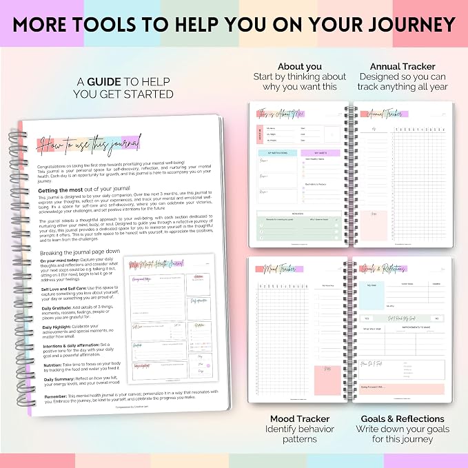 Mental Health Journal Planner | Daily Gratitude, Self Care, Intentions, Affirmations and Nutrition (Rainbow, A5)