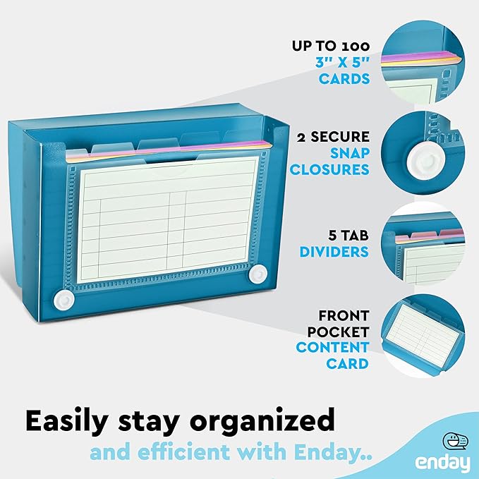 Index Card Holder Blue, 3x5 Note Flash Card Organizer Case, File Box with 5 Dividers, Notecard Box Holds 100 Cards, Also Available in Red, Purple, Green, Pink, Grey, 1 Pack – By Enday