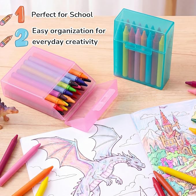 Clabby 4 Pcs Plastic Crayon Organizer Case for 24 Count Crayons Kids Art Supply Storage Box with Lid, Portable Holder for Classroom Home Travel, Fits Standard 24-Pack Crayon (Teal,Pink)