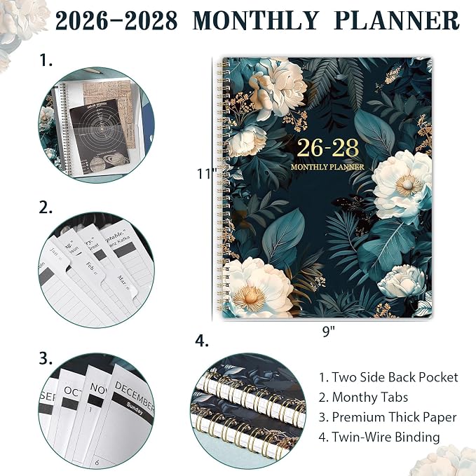 2026-2028 Monthly Planner - JULY 2026 - JUNE 2028, 2 Year Monthly Planner/Calendar 2026-2028, 11” x 9”, 24 Months Tabs,Two-Side Pocket, Holidays & Notes Section