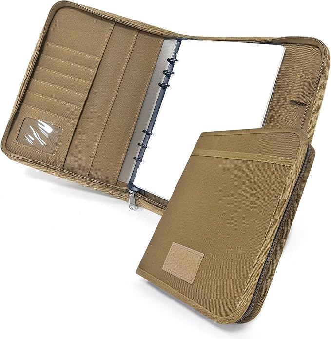 Tactical Notebook Cover, A5 Padfolio 6 Ring Binder with Big Back Pocket & Hand Strap, Zippered Hardcase Planner for Journal, College, Office, Field (Khaki, A5(7.3 x 10 inches))