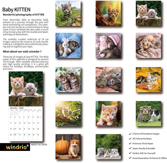 2026 Wall Calendar,Calendar 2026, November 2025 - December 2026, Wall Calendar Cat Kitten, 12" X 24" Opened,Full Page Months Thick & Sturdy Paper for Calendar Organizing & Planning