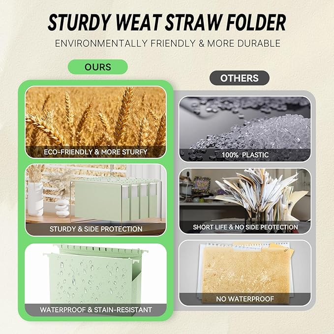 XINGIA Extra Capacity Wheat Straw Hanging File Folders Legal Size,2 Inch Expandable Plastic Hanging File Organizer,12 Pack Heavy Duty Hang Folders for Filing Cabinet,Bulky Files(Morandi Green)