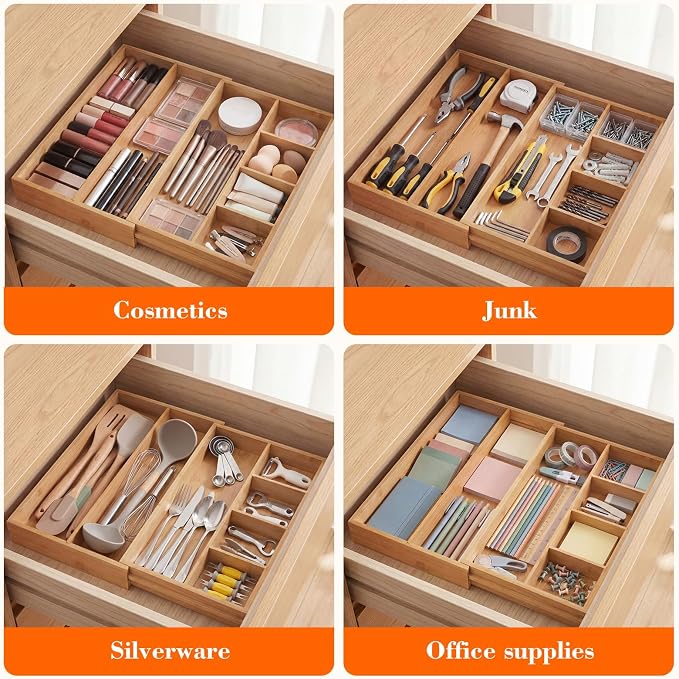 Bamboo Sliding Desk Drawer Organizer 8.2'' up to 16.4'' x 14.4'' x 2.2'' Expandable Office Desk Accessories Supplies Tray with 7 Compartments for Pens, Notebooks, Rulers, and Makeup Jewelry Vanity