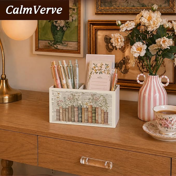 Vintage Book Floral Pen Pencil Holder for Desk Book Lovers Reader Gifts, Reading Corner Nook Decor, Bookish Wooden Box Sign Decorations for Reading Room Classroom Bedroom Desk Tabletop