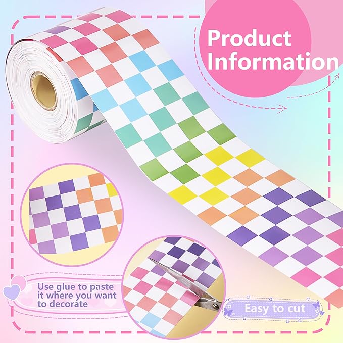 66 ft Colorful Checkered Bulletin Board Border Checkered die-Cut Border Trim Paper Cutouts roll for School Chalkboard Bulletin Board Window Wall Home Offices Party Funny Decor