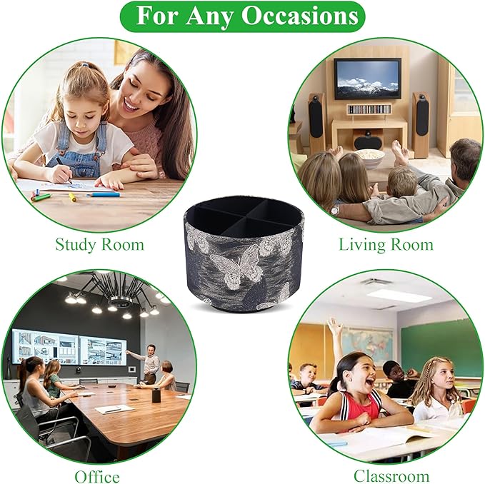 Round Leather Art Supply Organizer,Remote Control Holder,360-degree Rotating Pen Organizer with 4 Compartments(1-Butterfly Gold)