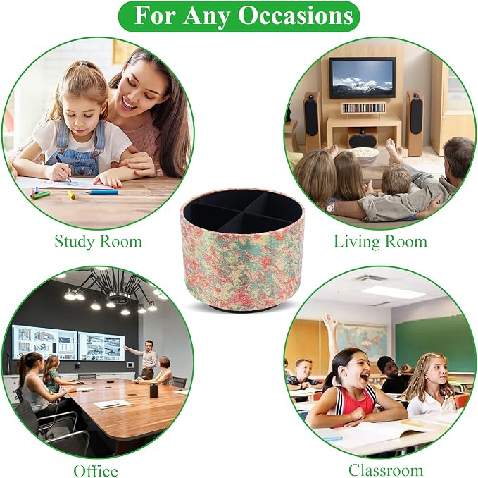 Round Leather Art Supply Organizer,Remote Control Holder,360-degree Rotating Pen Organizer with 4 Compartments(1-Painting White)