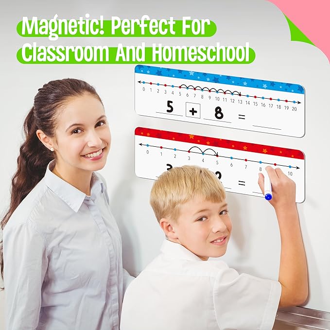 8 Packs Magnetic Number Line Boards, Dry Erase Writable and Erasable Math Board Addition & Subtraction White Board Magnets for Kids, Students, Classroom and Home (Each Measures 12” x 3.5”)