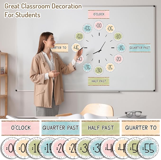 FYSUIMU 16 Pcs Telling Time Bulletin Board Decorations Back to School Boho Colored Clock Numbers Labels Classroom Decor with Glue Points Teaching Clock for Kids First Day of School Teacher Supplies