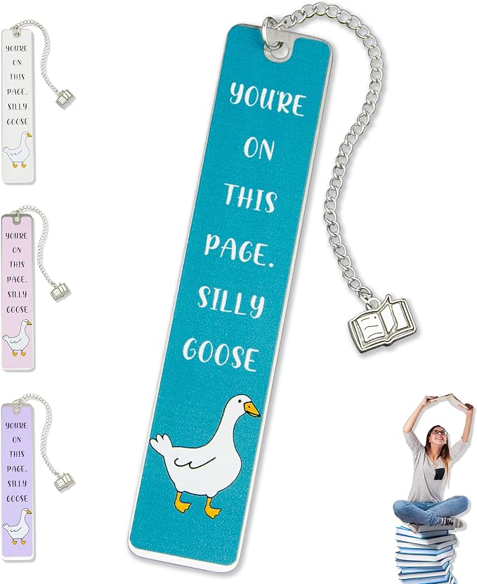 Silly Goose Bookmark, Cute Funny Bookmarks for Women Metal Book Mark Pink Bookworm Bookmark Bookish Accessories Cool Gifts for Book Lovers Reading Club Christmas Birthday Present (Aqua Blue)