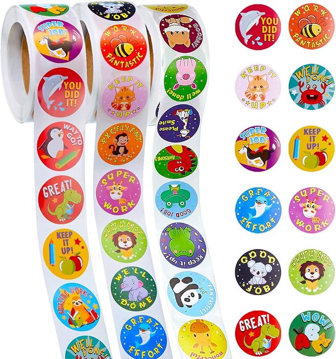 Outus 3 Rolls Motivational Stickers for Kids, 1500 Pcs Inspirational Cartoon Reward Stickers Teacher Supplies for Potty Training School Classroom Students Prizes, 24 Designs(Vivid Style)