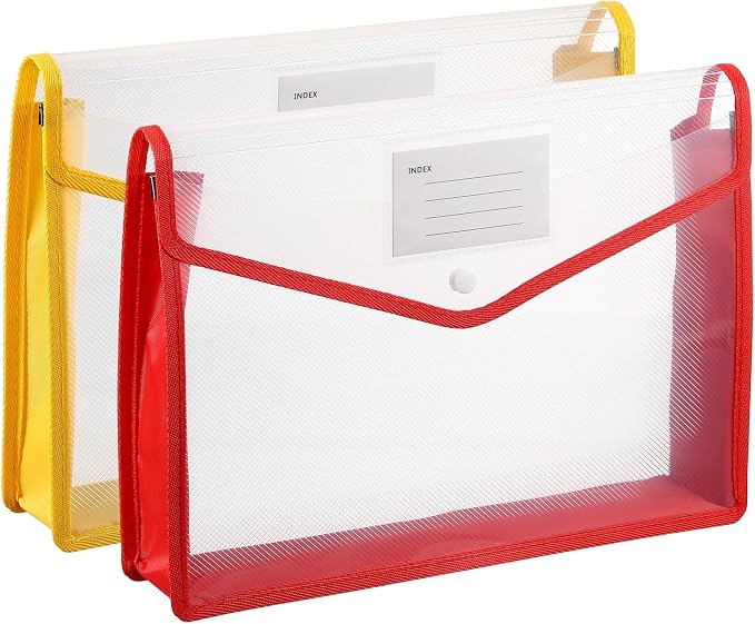 PATIKIL Plastic Expanding File Folders, 2 Pack A4 File Folder Envelopes Letter Size Document Organizer Supplies with Snap Closure for Classroom Office, Red/Yellow, Horizontal