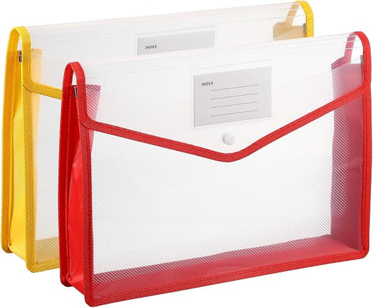 PATIKIL Plastic Expanding File Folders, 2 Pack A4 File Folder Envelopes Letter Size Document Organizer Supplies with Snap Closure for Classroom Office, Red/Yellow, Horizontal