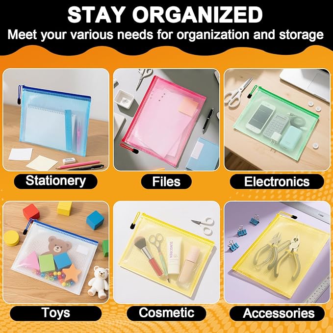 Mesh Zipper Pouch Bags - 5 Pack Large Waterproof Zipper Bags 13.2 x 9.4 Inch Clear Mesh Storage Pouches Assorted Colors for Home, Office, School, Travel, Puzzles, Board Game, Cosmetic, Accessories