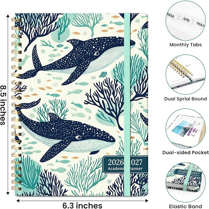 2026–2027 Academic Planner, Weekly and Monthly Planner for Women, July 2026 - June 2027, Pretty Hardcover 2026–2027 Academic Planner with Tabs, Inner Pocket, Spiral Bound, Perfect Office Home School Supplies - 6.3" x 8.5", Drifting Whales