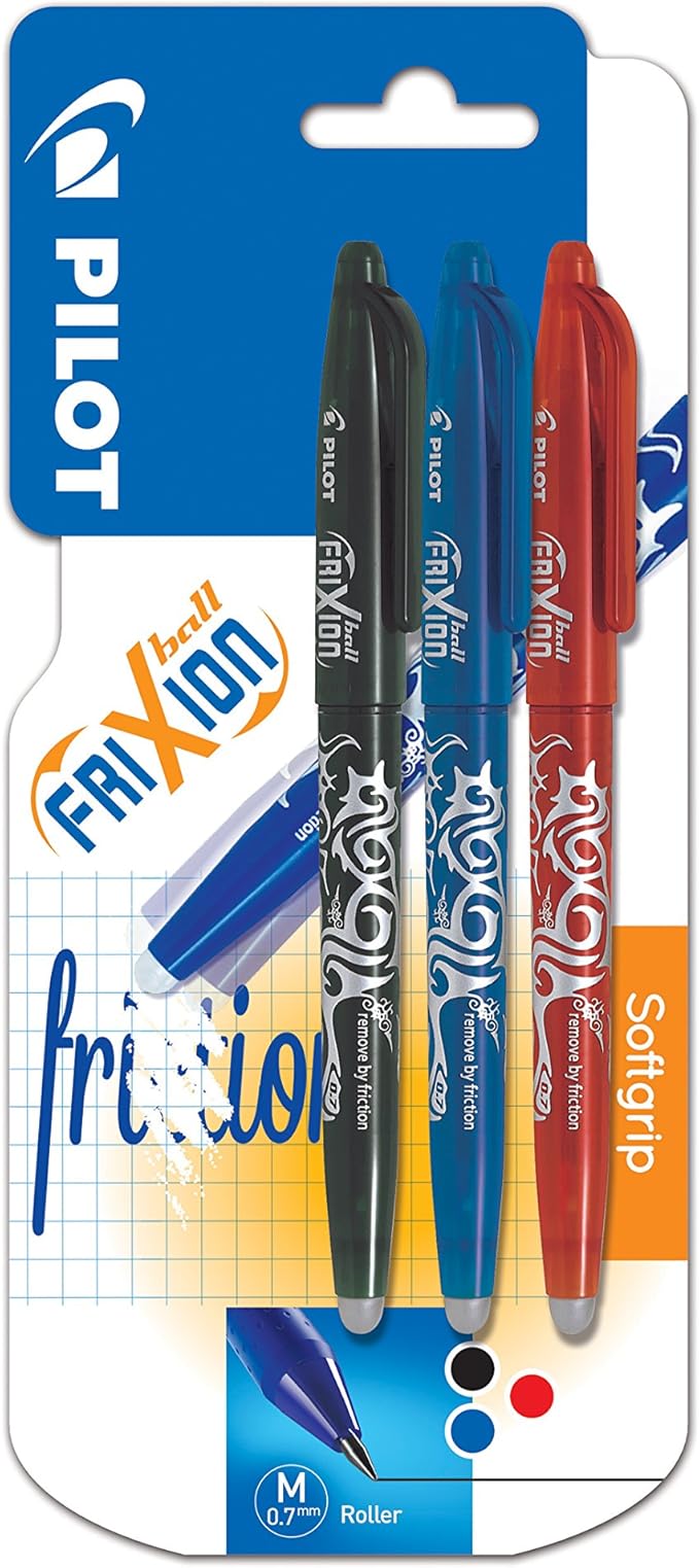 Pilot Frixion Erasable Rollerball 0.7 mm Tip - Black/Red/Blue, Pack of 3
