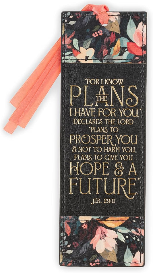 Christian Art Gifts Premium Inspirational Scripture Vegan Leather Women's Bookmark: I Know the Plans Encouraging Golden Bible Verse, Pink Satin Ribbon, Book Reading Accessory, Black Multicolor Floral