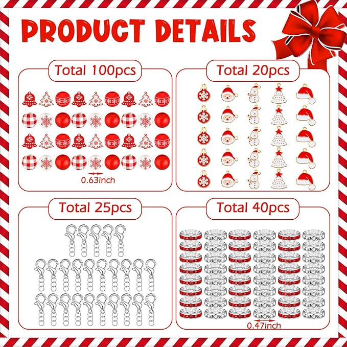 Zhanmai 20 Pcs Christmas Beadable Pens bulk with 100 Assorted Wooden Beads 20 Metal Pendants 40 Spacer Beads 25 Lobster Clasp Plastic Classic red Bead Pens for Student School Office DIY Making Gift