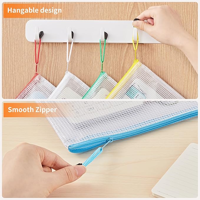 JARLINK A4 Letter Size 24 Pack 10 Colors Zipper Mesh Document Pouch, Mesh Bags for Board Games & Puzzles, Waterproof Document Zipper Pouches for Office School Supplies, Toys, Cosmetics Travel Storage