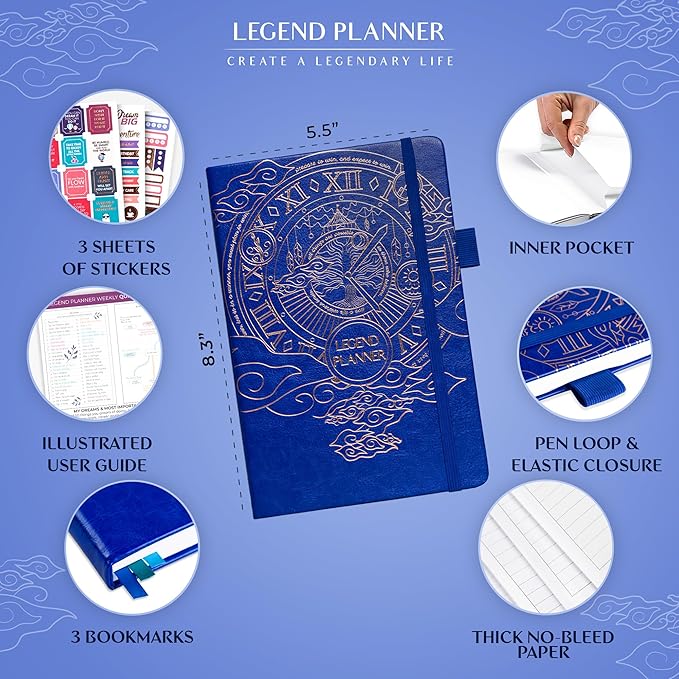 Legend Planner – Undated Weekly & Monthly Life Planner to Hit Your Goals & Live Happier, Organizer Notebook & Productivity Journal, A5 (Royal Blue, Gold)