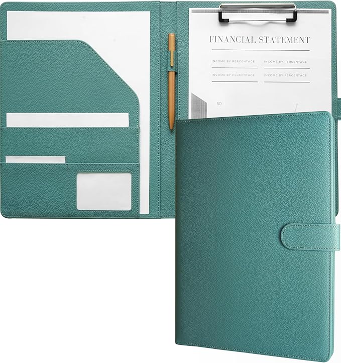 Zreal Padfolio Portfolio for Women & Men, Faux Leather Clipboard with Folder, Resume Document Folder, Legal Pad Holder Fits A4 & Letter Size for Interview, Conference (Teal Green)