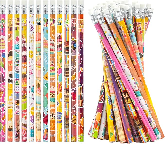 24 Pcs Happy Birthday Pencils for Students, Bulk Colorful Pencils with Top Erasers for Kids, Wood Writing Instruments for Teachers Classrooms Reward Birthday Party Supplies, 12 Assort Style