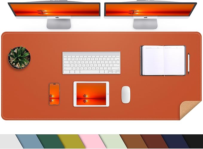 AFIING Desk Mat 47.2" x 17", Leather Desk Pad Protector with Natural Cork & PU Leather, Non-Slip Office Desk Mat, Double-Sided Mouse Pad, Waterproof Large Desk Pad for Office and Home (Orange)