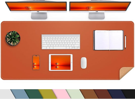 AFIING Desk Mat 47.2" x 17", Leather Desk Pad Protector with Natural Cork & PU Leather, Non-Slip Office Desk Mat, Double-Sided Mouse Pad, Waterproof Large Desk Pad for Office and Home (Orange)