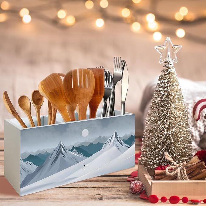 Rustic Winter Wooden Kitchen Utensils Holder, Ski Lovers Gifts, Winter Snowy Mountains Landscape Wood Cooking Utensil Organizer for Countertop Counter Shelf Table Decor Accessories