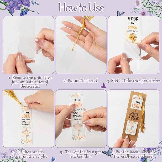 Haooryx Flowers Christian Bible DIY Bookmark - 96Pcs Floral Bible Verse Tassel DIY Bookmark UV DTF Transfer Sticker Blank Transparent Rectangle Acrylic Book Marker Kid DIY Crafts Kit Birthday Gift Tag