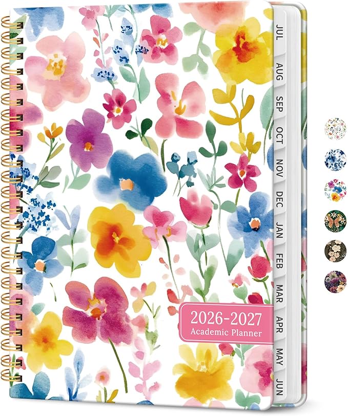 Planner 2026-2027, Academic Year Monthly and Weekly Calendar Planner, Jul 2026 - Jun 2027, Hardcover Teacher Student Planning Agenda book with Tabs, Perfect for School Office Supplies, 6.3" x 8.5" - Bloom Floral