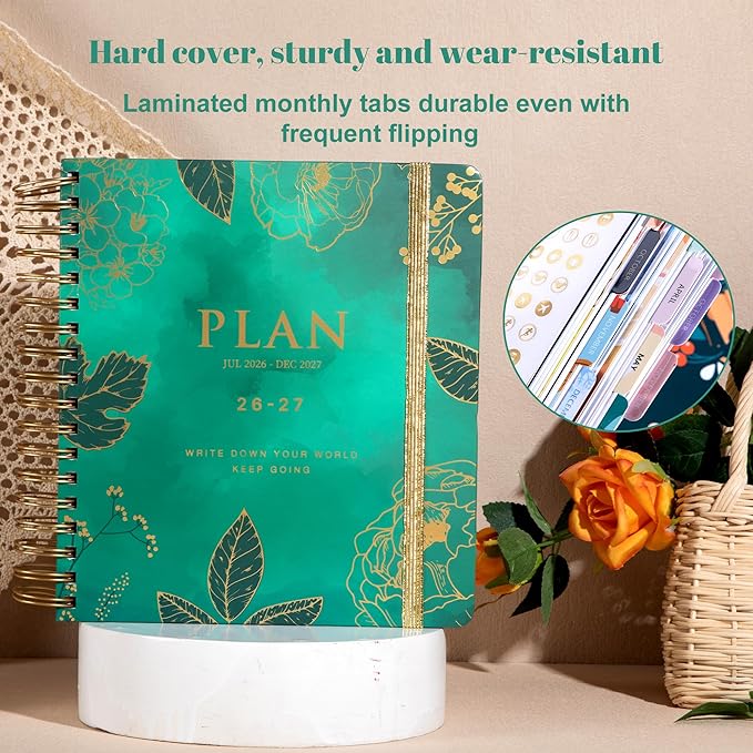 CAGIE 18 Month Planner July 2026 - December 2027, Academic Year Weekly & Monthly Planner with Tabs, 8.3 x 9.3 Floral Hardcover Organizer with 100GSM Thick Paper and Elastic Band for Women School Office