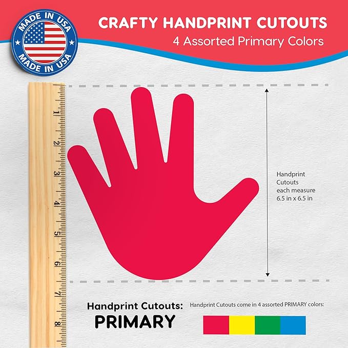48 Piece Handprint Primary Cutouts with IDEA Guide, US Made 2-Sided Brightly Colored Card Stock Punch Out Handprint Paper Accents for Bulletin Boards, Classroom Decor, Back to School & DIY Crafting