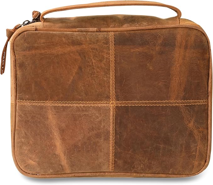 Genuine Leather Bible Case for Men & Women 11 x 8 inch, Bible Cover with Handle & Zip Clousre, Pen Holder, Multiple Storage Compartments Bible Carrying Bag (Yellow Camel)