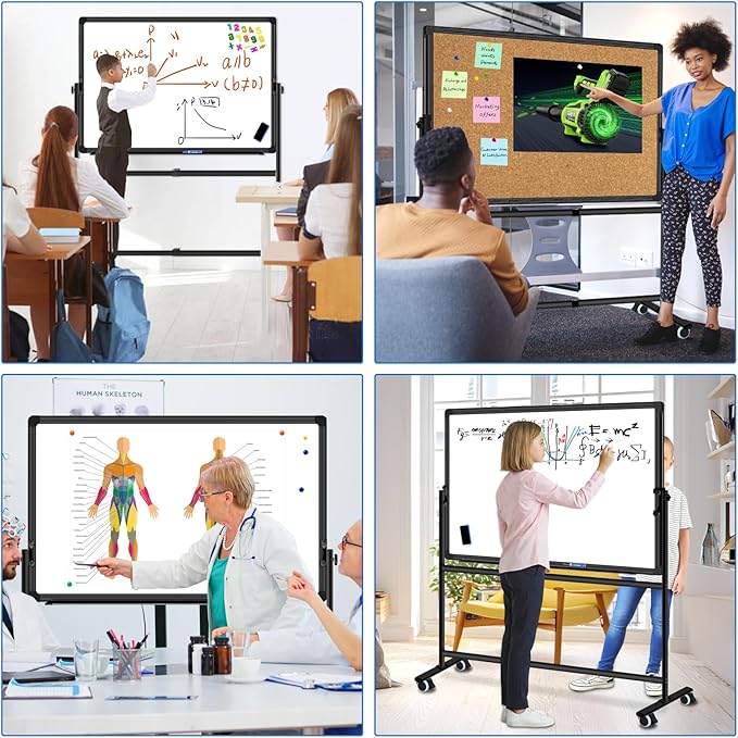 Max-officoo 40"x30" Double Sided Moblie Magnetic Dry Erase Board on Rolling Wheels, Height Adjustable & Angle Corkboard and Whiteboard with Stand
