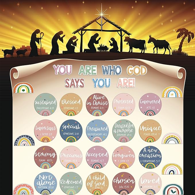 Christian Bulletin Board Decorations - Bible Verses Inspirational Bulletin Board Sets Motivational Cutouts God Says You are Religious Classroom Wall Decor for School Home Church Supplies（Boho Rainbow