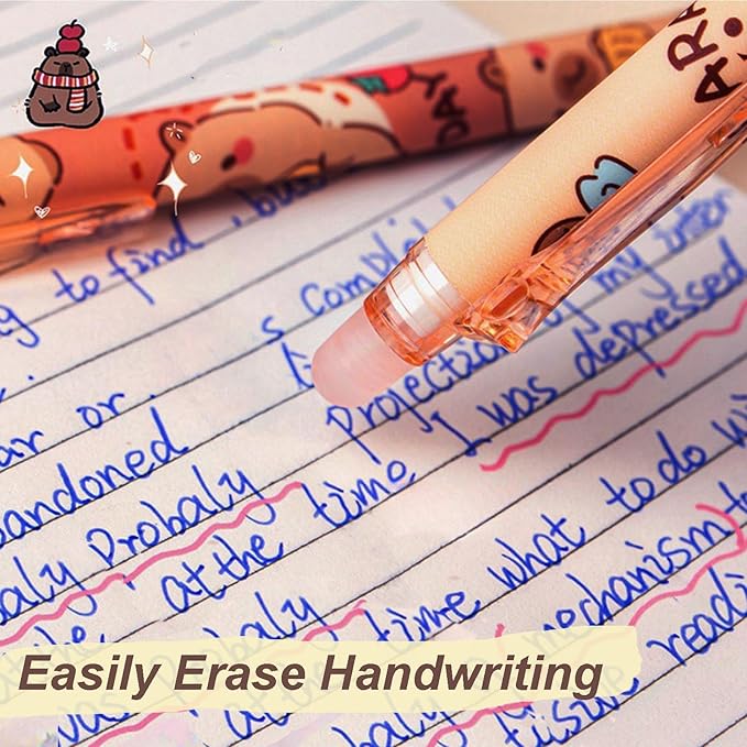 6 Pcs Capybara Erasable Gel Pens Retractable Pens - Erasable Gel Ink Pens Cute Cartoon Design, 0.5mm Fine Point Blue Ink, Perfect for Office, School