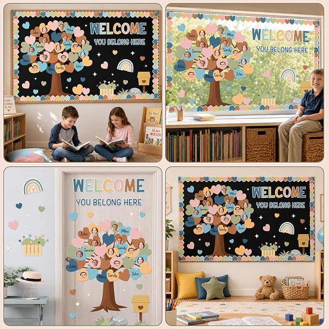 85pcs Boho Classroom Tree Bulletin Board Heart DIY Photo Name Tags Crafts Cutouts Back to School Rainbow Accents You Belong Here Welcome Classroom Decor for Nursery Elementary Chalkboard Wall Decor