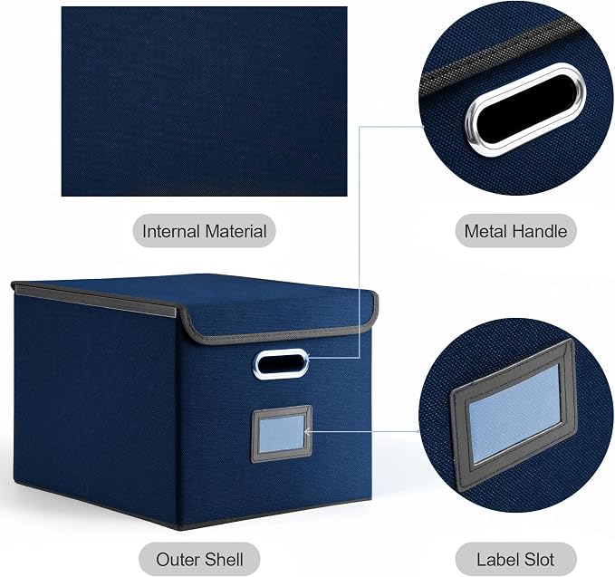 Hleelomi Collapsible File Box with Lid & Plastic Slide - Hanging Document Organizer for Office/Home, 14.96x12.6x10.83 Inch,Decorative Home File Bin,Blue, 1 Pack (No Folders Included)