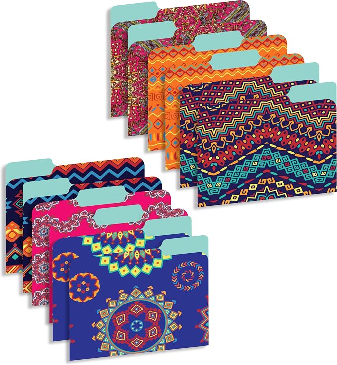 Decorative File Folders 1/3 Cut Tab, 12 Pack Ethnic Design, Heavyweight Laminated Letter Size (9.5” x 11.5”), Stylish Fashion File Folders for Home, Office & School Organization.
