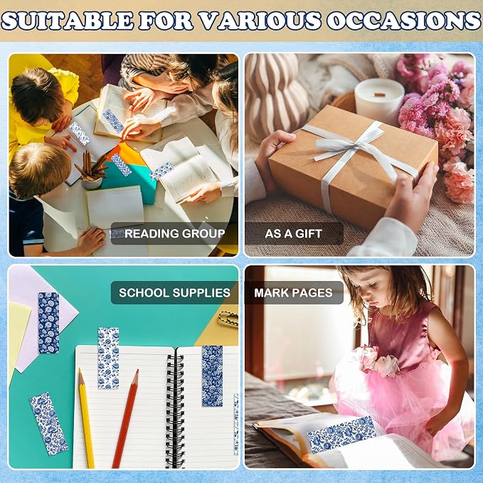 Blue and White Floral Paper Bookmarks Set, 100 Pcs Chinoiserie Style Double-Sided Matte Laminated Book Marks, Elegant Reading Accessories Gifts for Women and Book Lovers