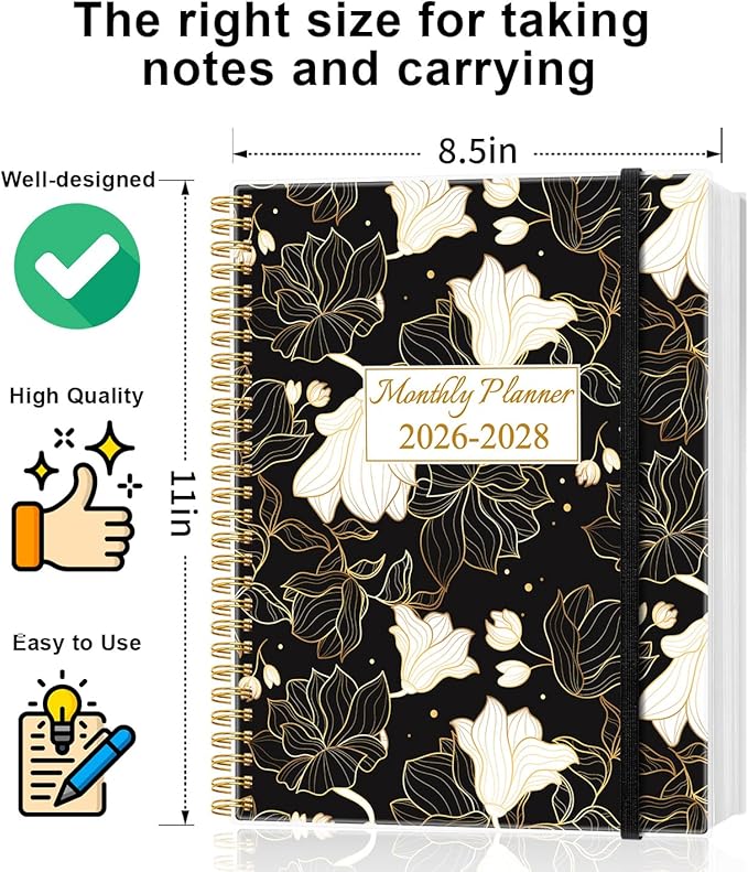 2026-2028 Monthly Planner - 36 Month PLanner Calendar from January 2026 to December 2028, 3 Year Planner 2026-2028 with Flexible Cover, Inner Pocket, Perfect for Home | School | Office, 8.5" x 11", White Gold Flower