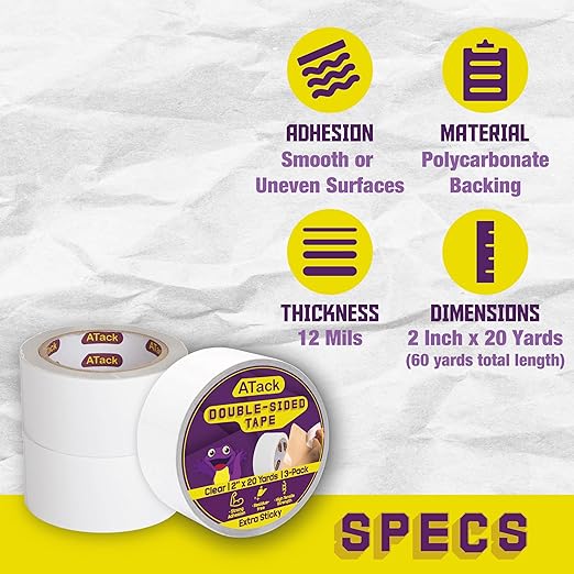 ATack Double Sided Clear Tape, 2-Inch x 20 Yards (3-Pack, 180ft Total) Heavy Duty Picture Mounting Tape for Gift Wrapping & Photo Safe Use