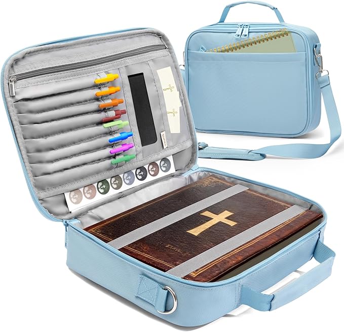 SUNEE Bible Cover for Women, Large Bible Bag w/Shoulder Strap Carrying Book Case w/Pen Slots and Zippered Pocket, Gift for Women & Men, Blue
