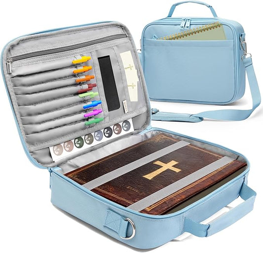 SUNEE Bible Cover for Women, Large Bible Bag w/Shoulder Strap Carrying Book Case w/Pen Slots and Zippered Pocket, Gift for Women & Men, Blue