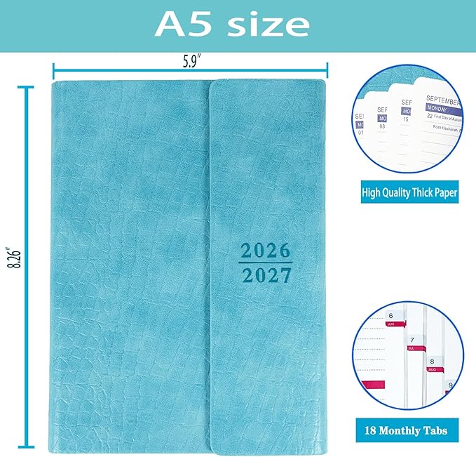 Planner 2026-2027, Weekly Monthly Academic Calendar for Jul 2026 - Dec 2027 [18 Month Agenda], 8.26" x 5.9" Faux Leather Cover + Thick Paper (26-27 Light Blue)